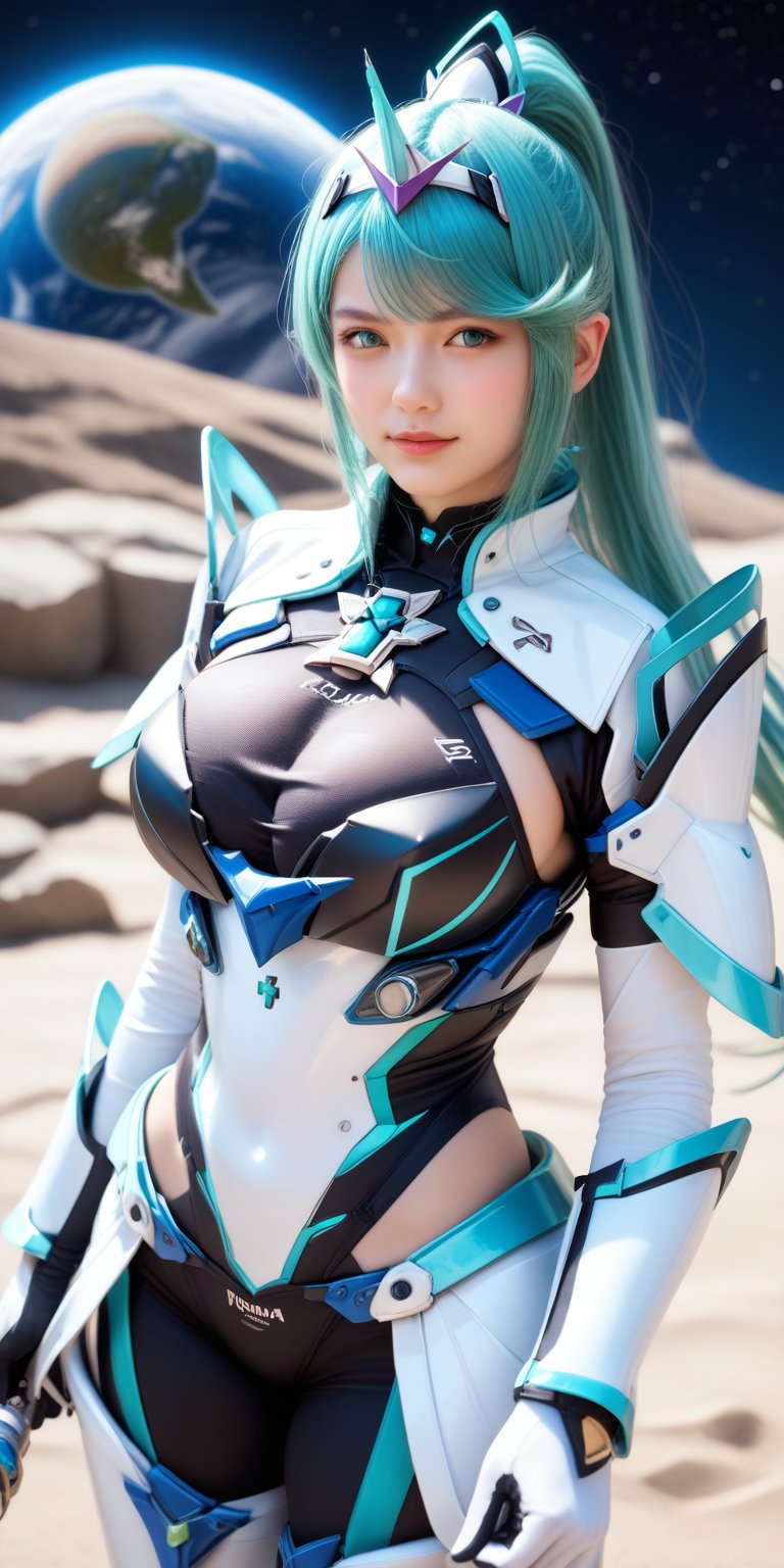 score_9, score_8_up, score_7_up, masterpiece, best quality, high resolution, BREAK, 1 girl, solo, looking at viewer, reality, pnmdef, long hair, aqua hair, bangs, ponytail, aqua eyes, big breasts, tiara, armor, gloves, outdoor, planet, galaxy, space station background