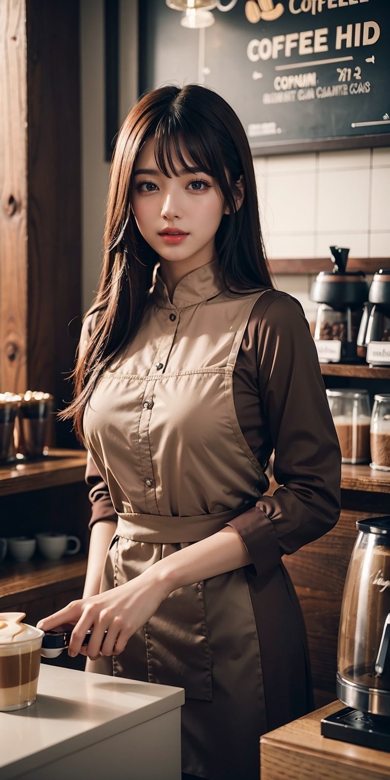 (masterpiece, top quality, best quality, official art, beautiful and aesthetic:1.2), hdr, high contrast, wideshot, 1girl, long black straight hair with bangs, clearly brown eyes, longfade eyebrow, soft make up, ombre lips, large breast, hourglass body, finger detailed, BREAK wearing barista suit, (coffee shop theme:1.5), light smile, coffee shop background detailed, by KZY, BREAK frosty, ambient lighting, extreme detailed, cinematic shot, realistic ilustration, (soothing tones:1.3), (hyperdetailed:1.2)