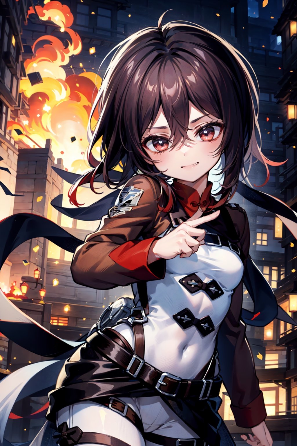 genshin impact,hu tao(genshin impact),hmmikasa outfit, high quality, highly detailed, beautiful, masterpiece, (dotch angle), (medium shot), 1 girl, alone, hu tao from genshin impact, ((wears mikasa outfit)), ((hutao hairstyle)), legion uniform, (mischievous smile), body looking at the camera, fighthing pose, brown hair, detailed background, city ​​on fire, shingeki_no_kyojin