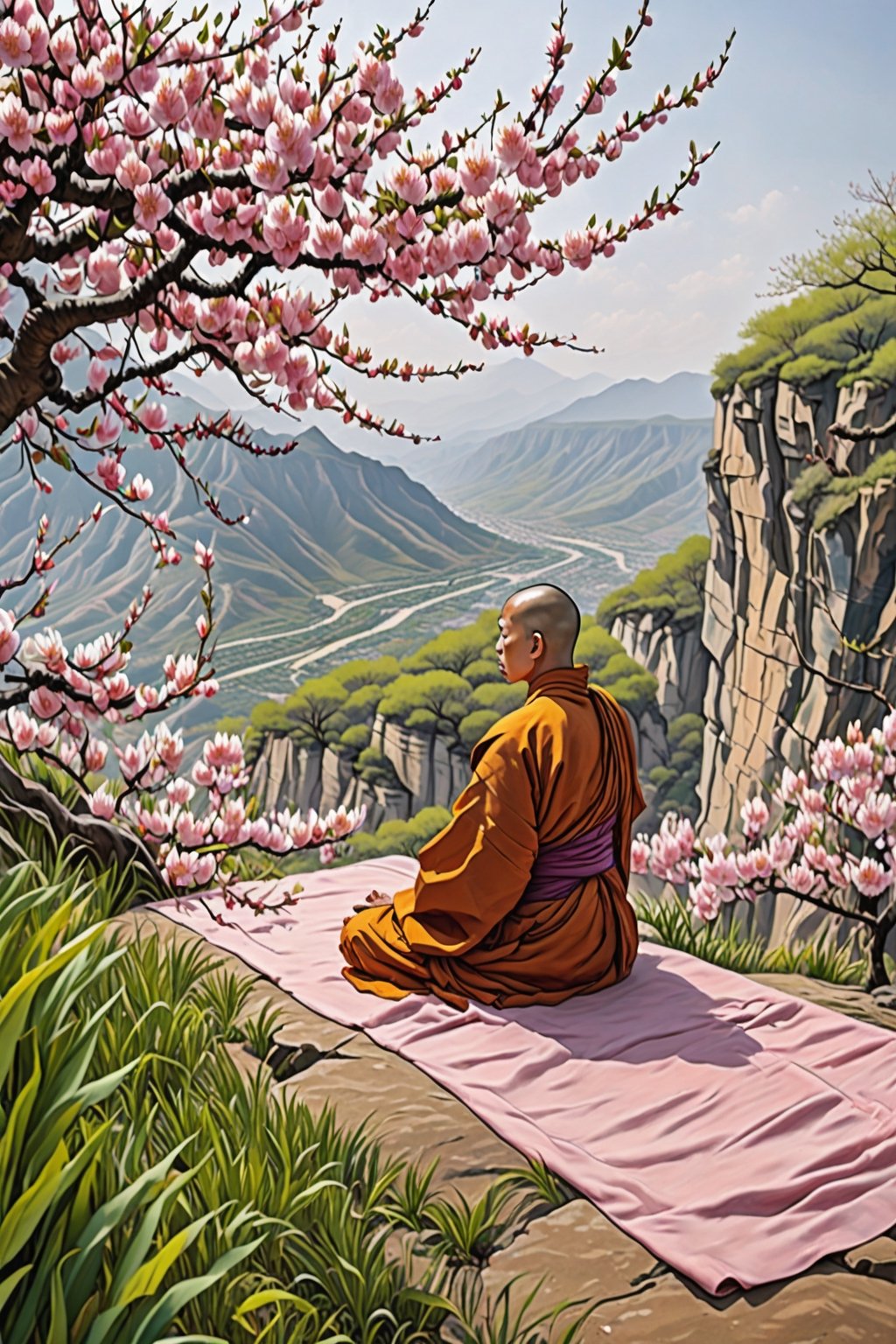 A Buddhist monk with flowing robes is meditating under a fully blossomed peach tree at the edge of a cliff