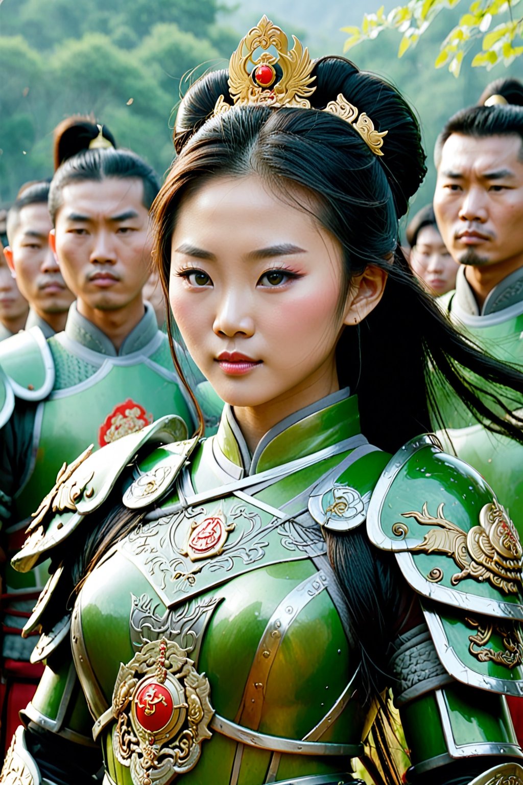 Beautiful Chinese princess in green armor surrounded by her soldiers,DonM3l3m3nt4lXL