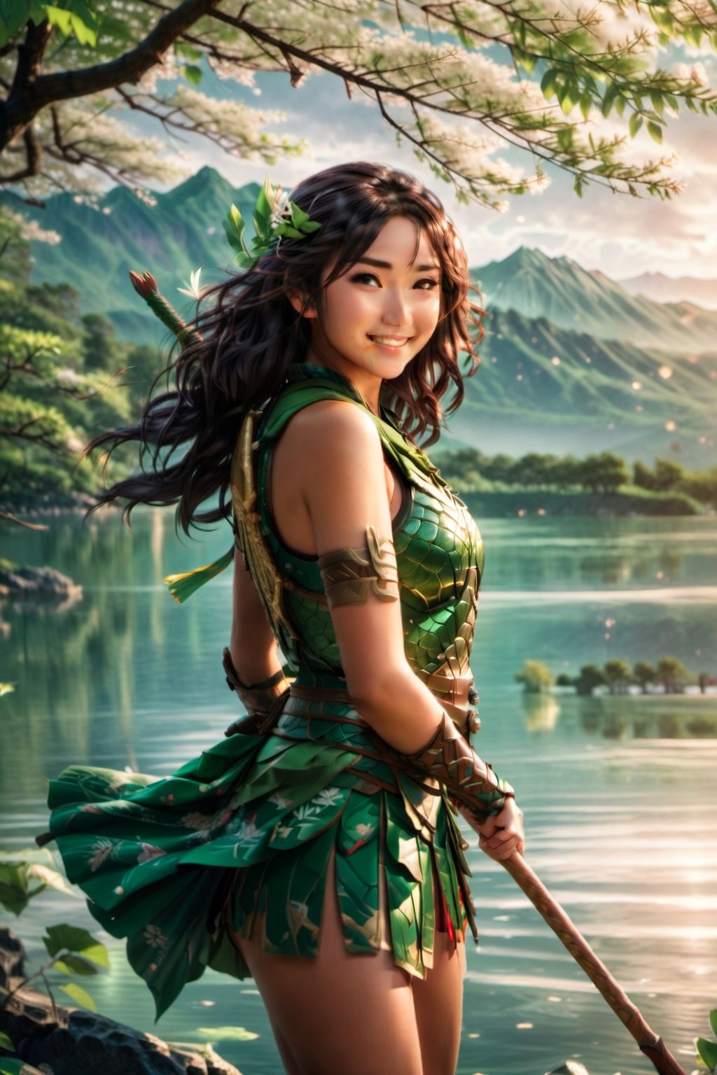 A green armor clad hot warrior smiling Japanese girl is practicing with her spear on the banks of a lake in the morning,Disney pixar style