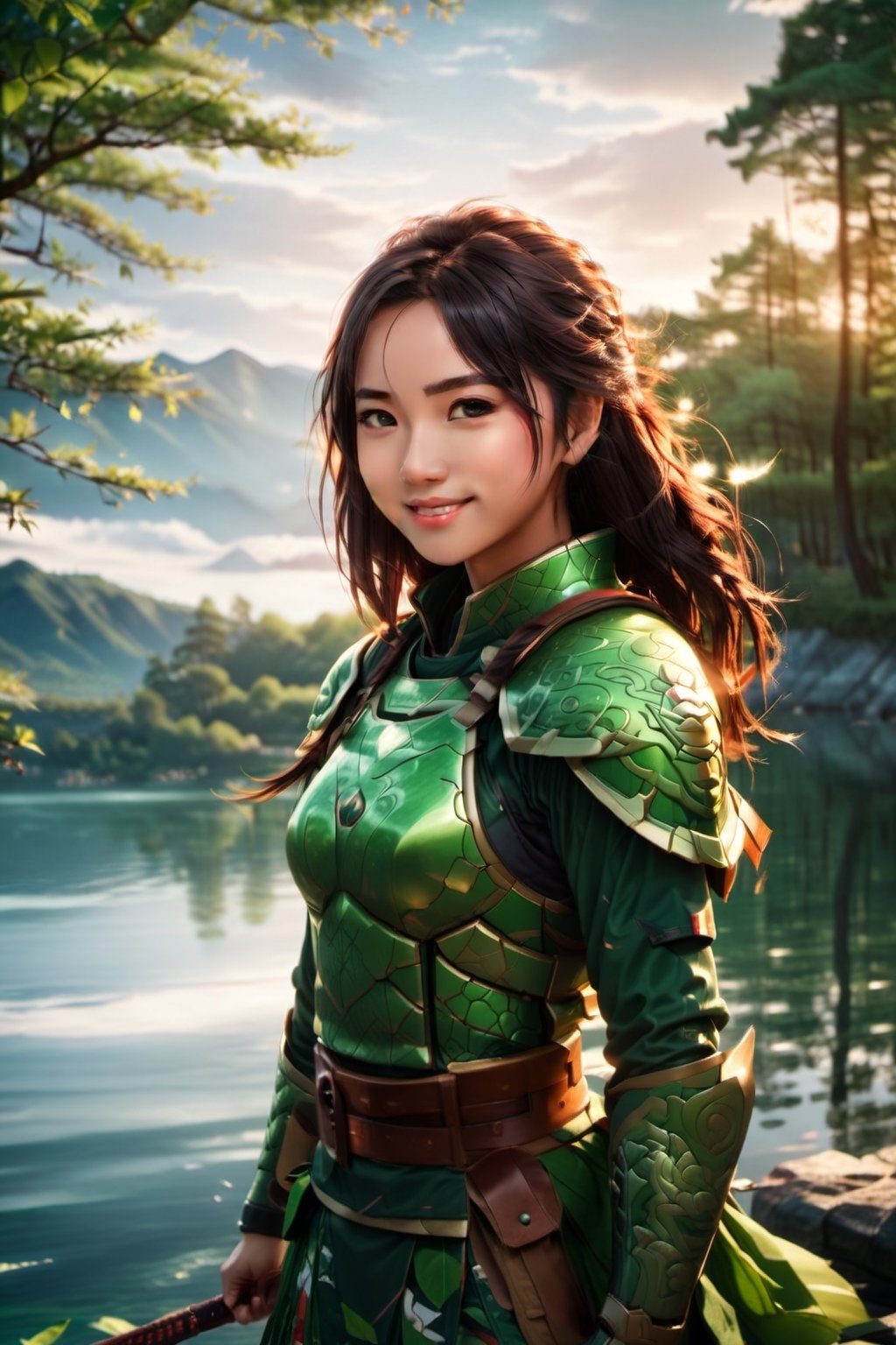 A green armor clad hot warrior smiling Japanese girl is practicing with her knife on the banks of a lake in the morning,Disney pixar style