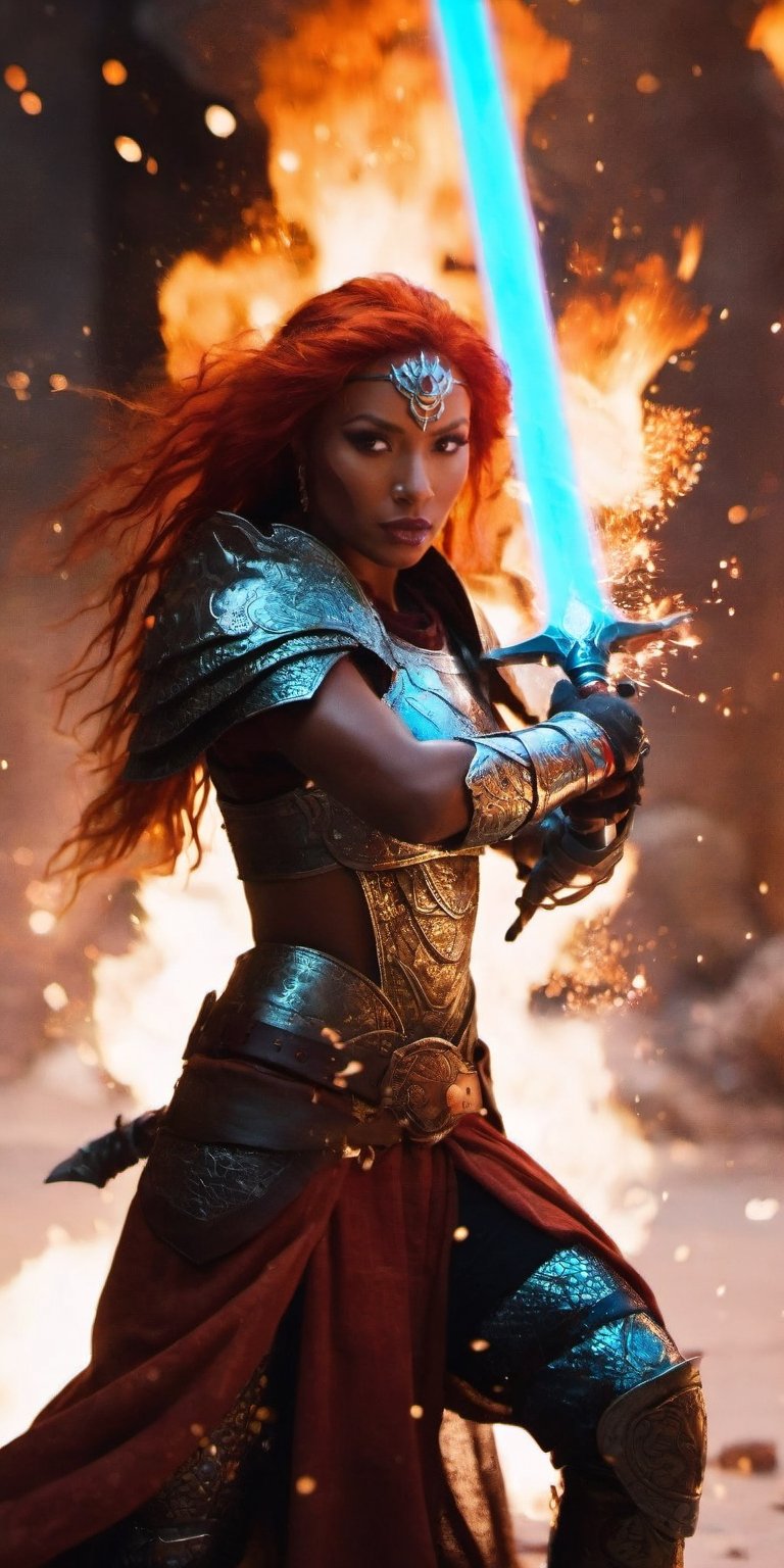 Beautiful warrior queen with ancient tribal tatoos etched onto her chocolate brown skin. Fiery red hair whips around her as she raises a plasma sword in defiance. The embers of a nearby explosion illuminate her dragon armor, highlighting the fallen enemies scattered around her, testaments to her strength.
