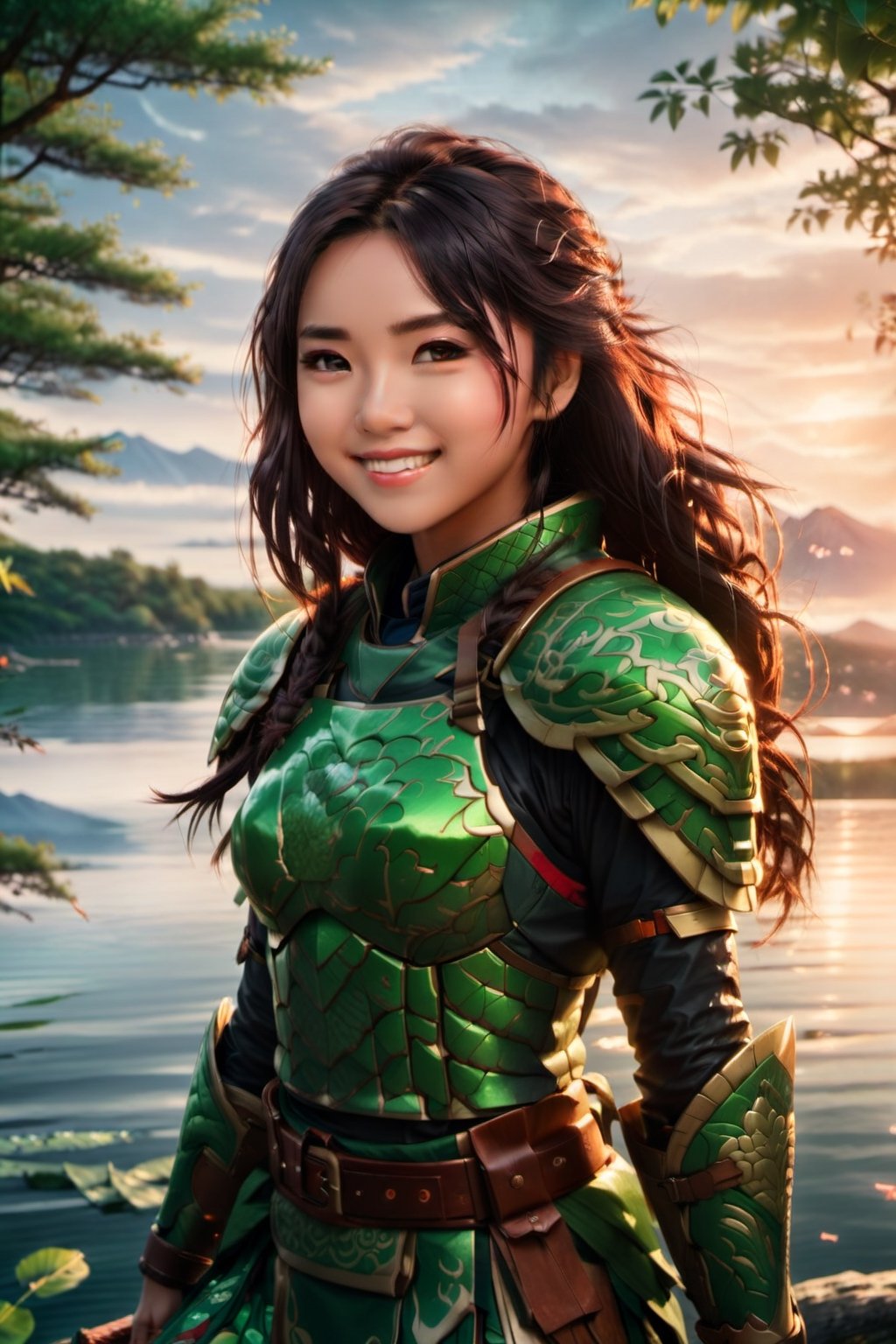 A green armor clad hot warrior smiling Japanese girl is practicing with her knife on the banks of a lake in the morning,Disney pixar style