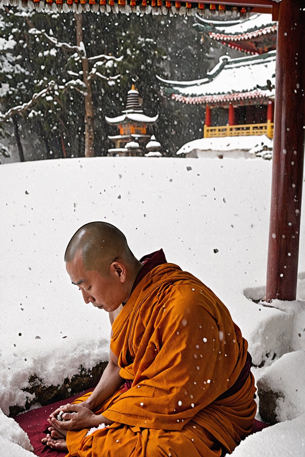 A Buddhist monk is half buried in snow while he is meditating