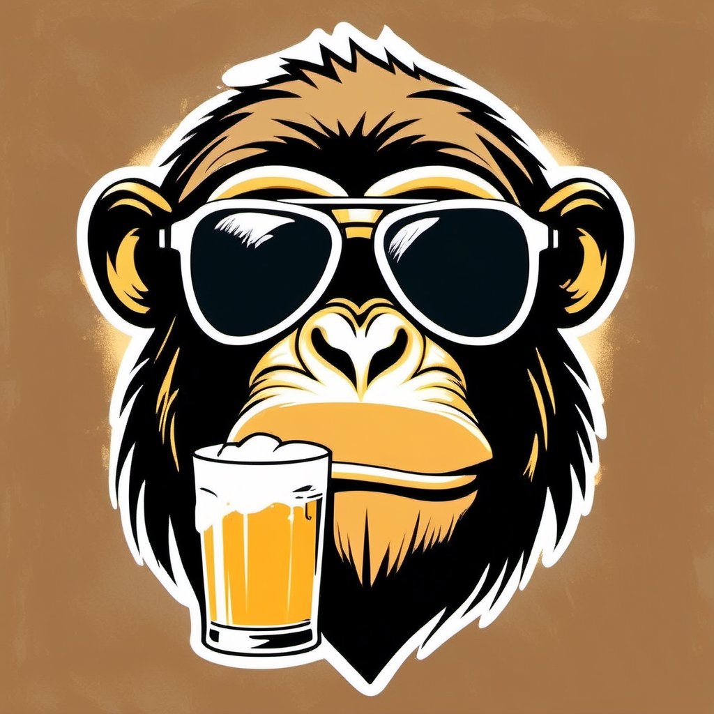 Image of a beer glass overflowing with beer, overlaid with the face of a monkey wearing sunglasses, creating a humorous and unexpected composition. , Vintage T-shirt, Retro Color Palette, Distressed Texture, Sketch Style, Horizon Perspective ,T shirt design,TshirtDesignAF,cartoon logo,sticker