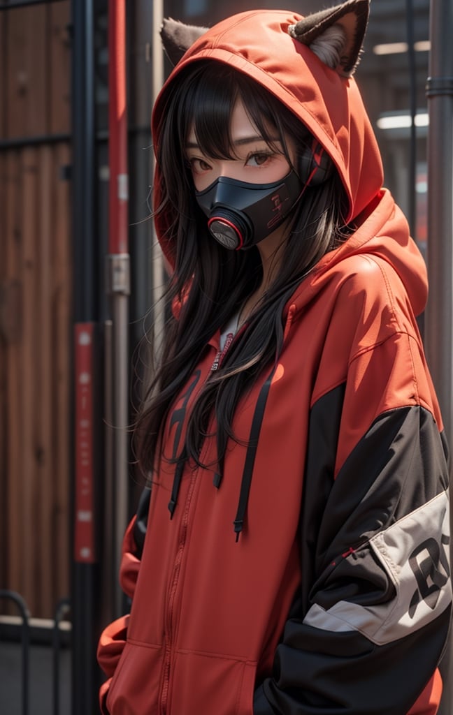 1girl, solo, long hair, looking at viewer, bangs, shirt, black hair, red eyes, long sleeves, animal ears, jacket, upper body, open clothes, hood, open jacket, black jacket, mask, headphones, wolf ears, red shirt, clothes writing, hooded jacket, red background, hood up, zipper, mouth mask, drawstring, covered mouth, headphones around neck, red theme, ears through headwear, respirator
,cool