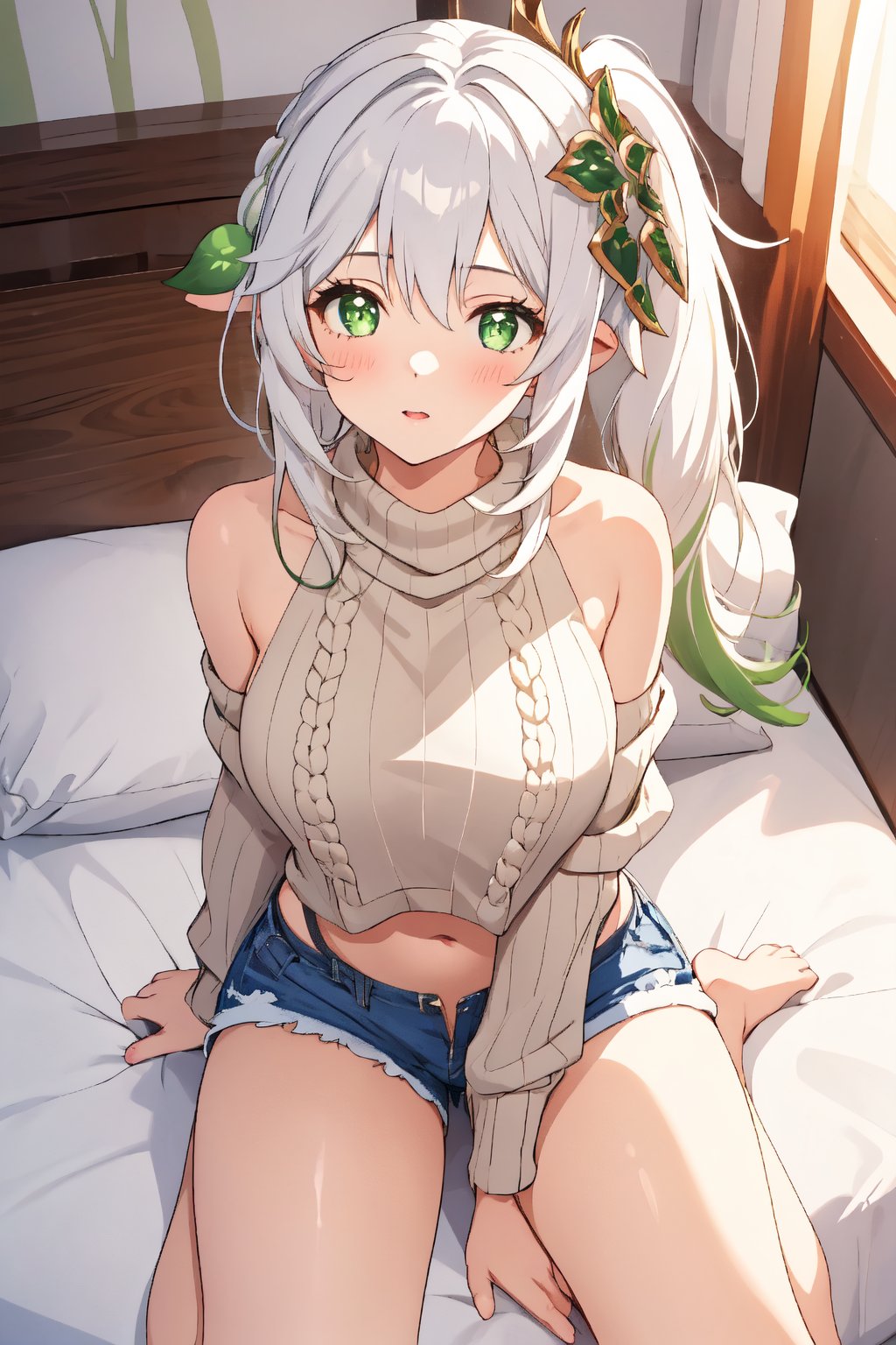 1girl, mature women,  masterpiece, best quality, highly detailed, virgin destroyer sweater, green eyes, white hair, nahida , shorts, genshin impact, lora:nahida