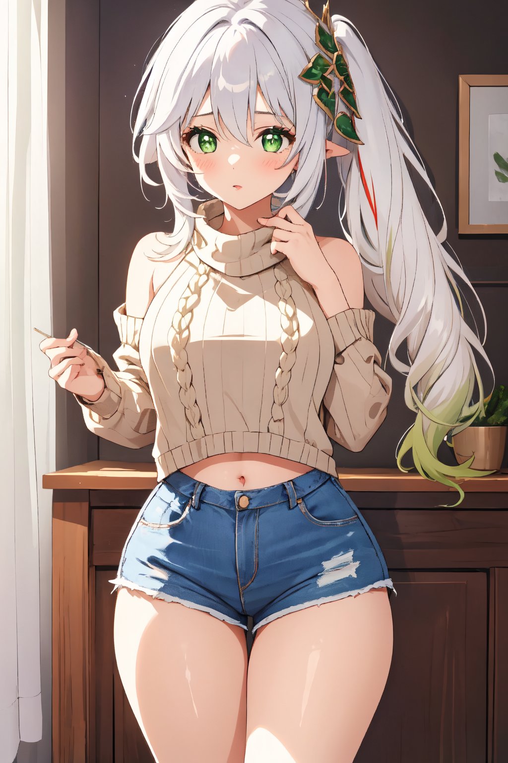 1girl, mature women,  masterpiece, best quality, highly detailed, virgin destroyer sweater, green eyes, white hair, nahida , shorts, genshin impact, 26 years old,