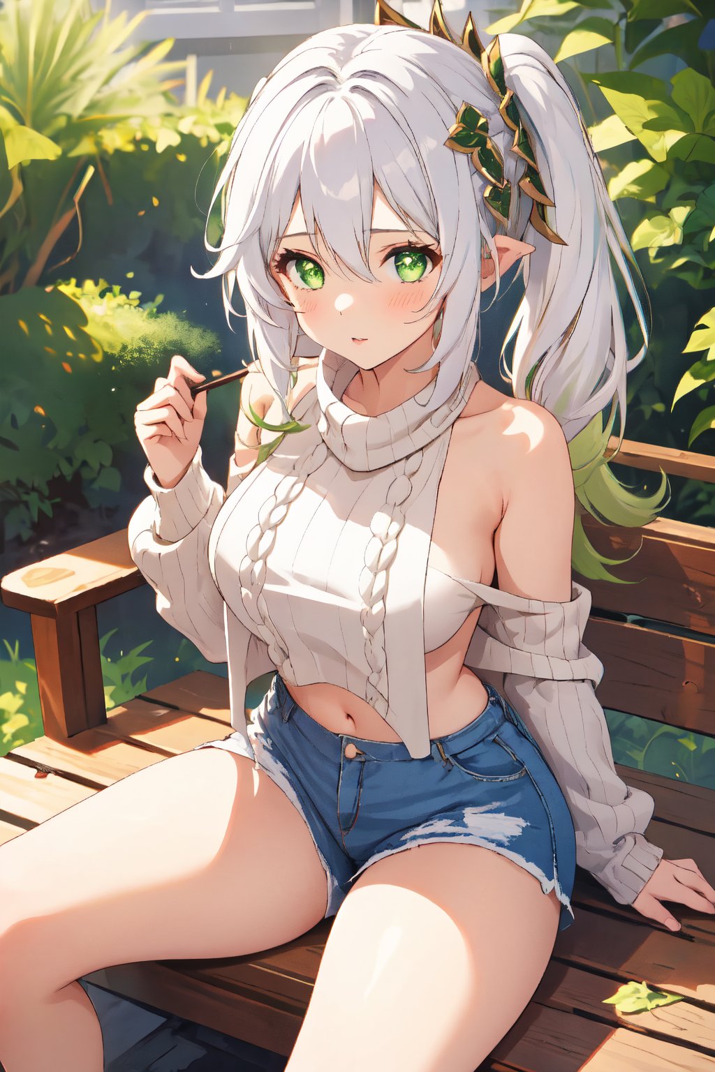 1girl, mature women,  masterpiece, best quality, highly detailed, virgin destroyer sweater, green eyes, white hair, nahida , shorts, genshin impact, 