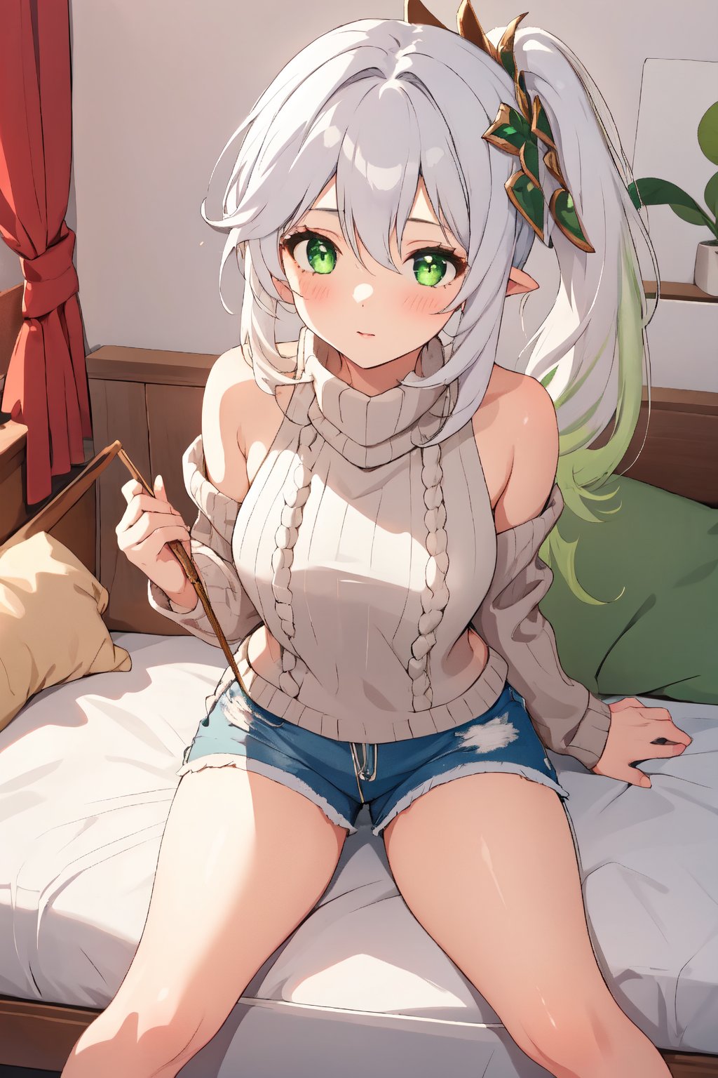 1girl, mature women,  masterpiece, best quality, highly detailed, virgin destroyer sweater, green eyes, white hair, nahida , shorts, genshin impact, lora:nahida