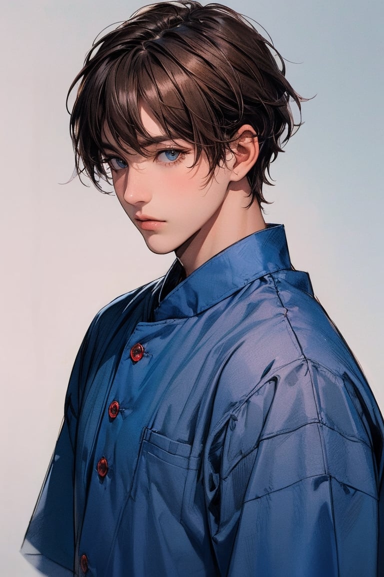 1boy, solo, short brown hair,  looking at viewer, housekeeper clothes in blue and red, dark skin, weak and pretty,1 boy, beauty,masterpiece,best quality,pastel,inksketch,Asia,Germany Male