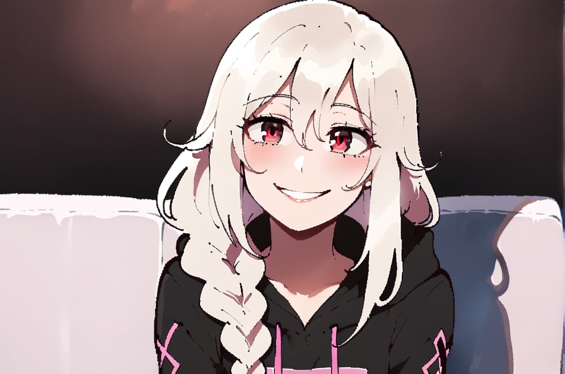 IA Vocaloid, Long hair, white hair, sincere smile, hoodie, Red eyes, seated on couch, female, solo, Nyantcha style, looking at pov, romantic environment