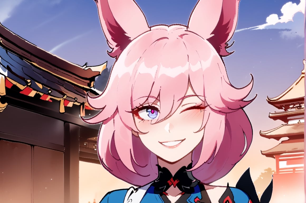 Yae Sakura Honkai Impact 3rd, female, solo, Nyantcha style, looking at pov, blue kimono, smile, temple, pink hair, fox ears, eye wink