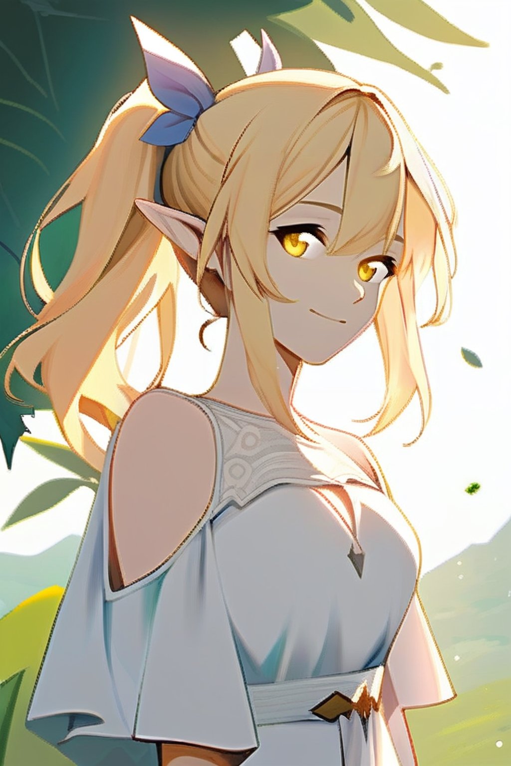 Adult, Girl, Blonde, Horns, peaceful smile, white dress, yellow eyes, elf, ponytail 