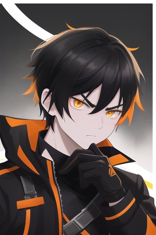 Male, short hair, black hair, white skin, Orange eyes, black jacket, Yellow strands on hair, serious face, young, black gloves, hand on chin