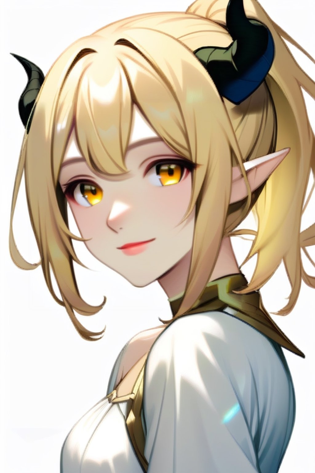 Girl, Blonde, Horns, peaceful smile, white dress, yellow eyes, elf, ponytail, looking at camera