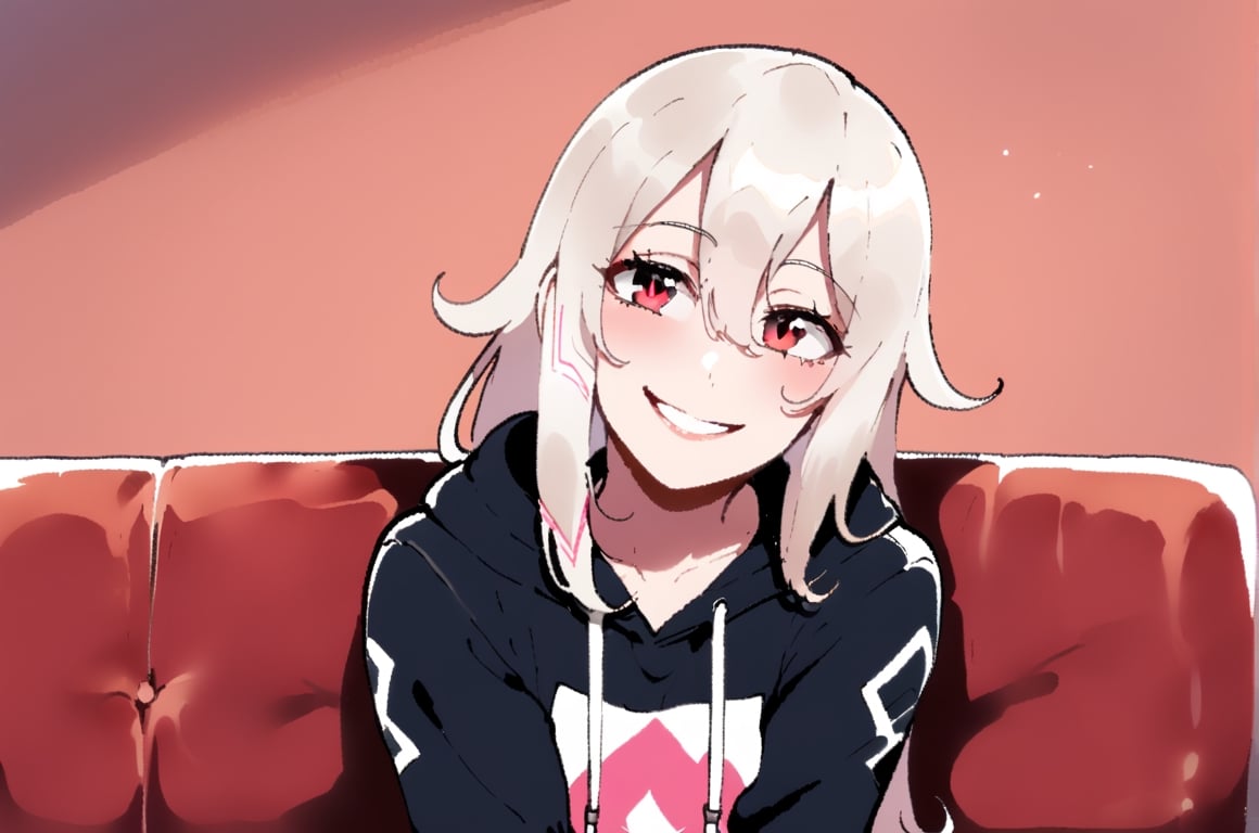 IA Vocaloid, Long hair, white hair, sincere smile, hoodie, Red eyes, seated on couch, female, solo, Nyantcha style, looking at pov, romantic environment