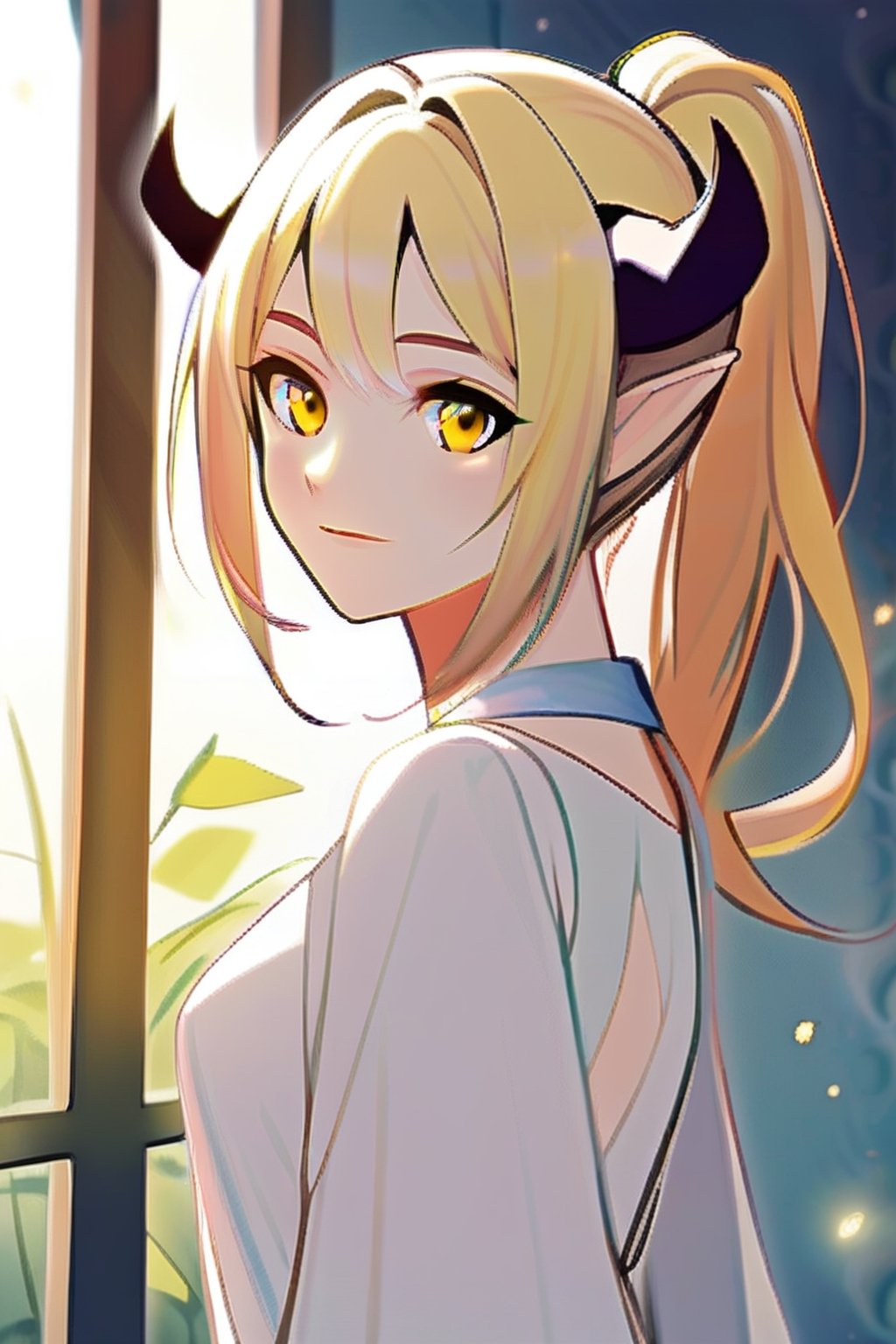 Adult, Girl, Blonde, Horns, peaceful smile, white dress, yellow eyes, elf, ponytail 