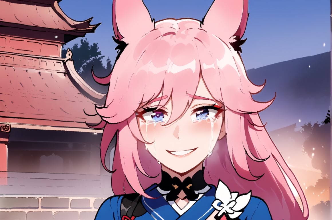 Yae Sakura Honkai Impact 3rd, female, solo, Nyantcha style, looking at pov, blue kimono, crying, smiling, temple, pink hair, fox ears