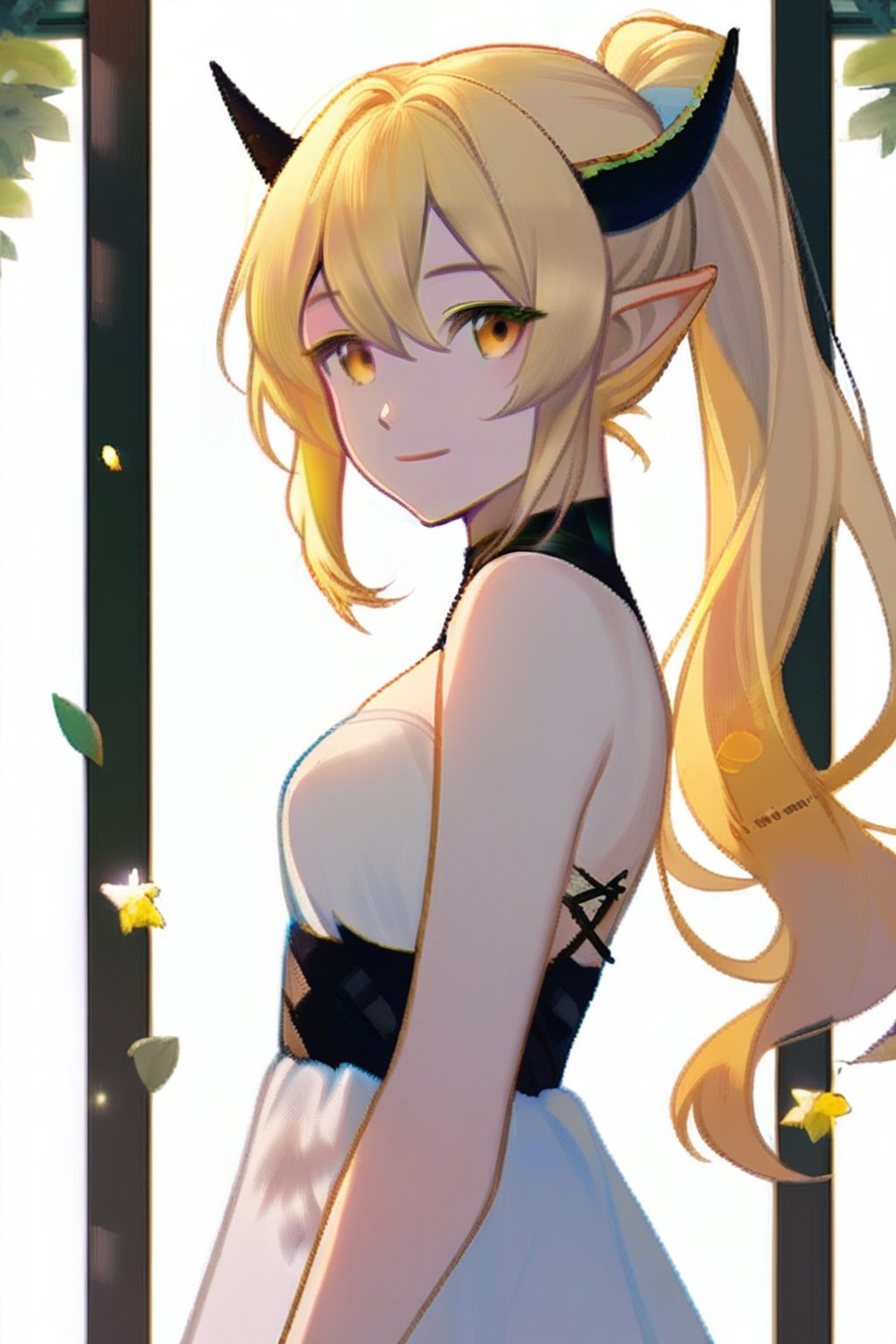 Girl, Blonde, Horns, peaceful smile, white dress, yellow eyes, elf, ponytail 