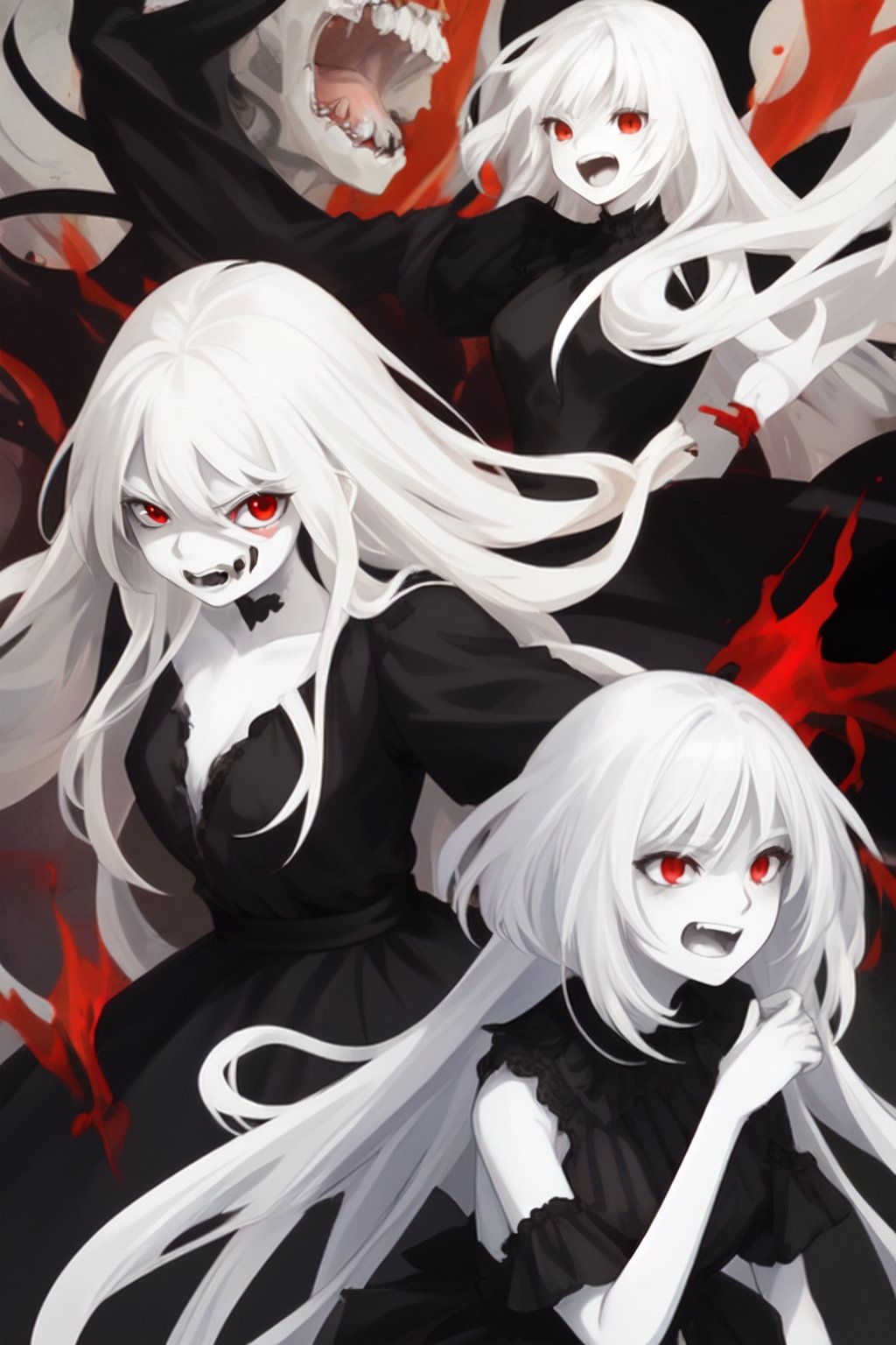 One Female, Young, white hair, white skin, red eyes, maniac laugh, angry, black dress, long hair,