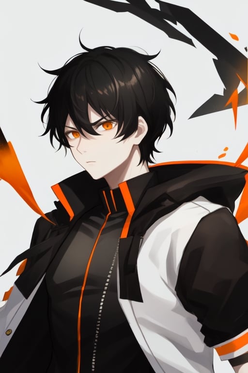 Male, short hair, black hair, white skin, Orange eyes, black jacket, Yellow strands on hair, serious face, young, black gloves