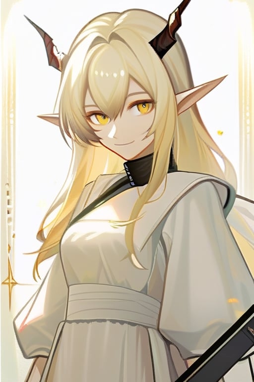 Shining Arknights, Blonde girl, Horns, Peaceful smile, white dress, yellow eyes