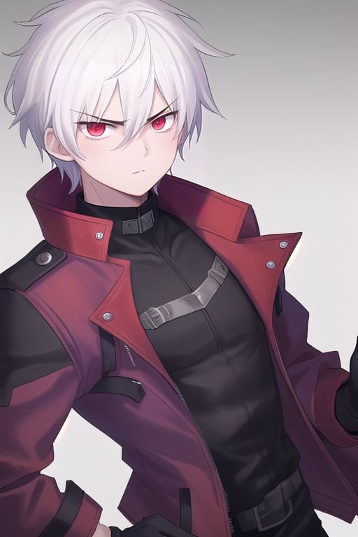 One Male, short hair, white hair, red eyes, Dark purple jacket, serious stare, young, black gloves