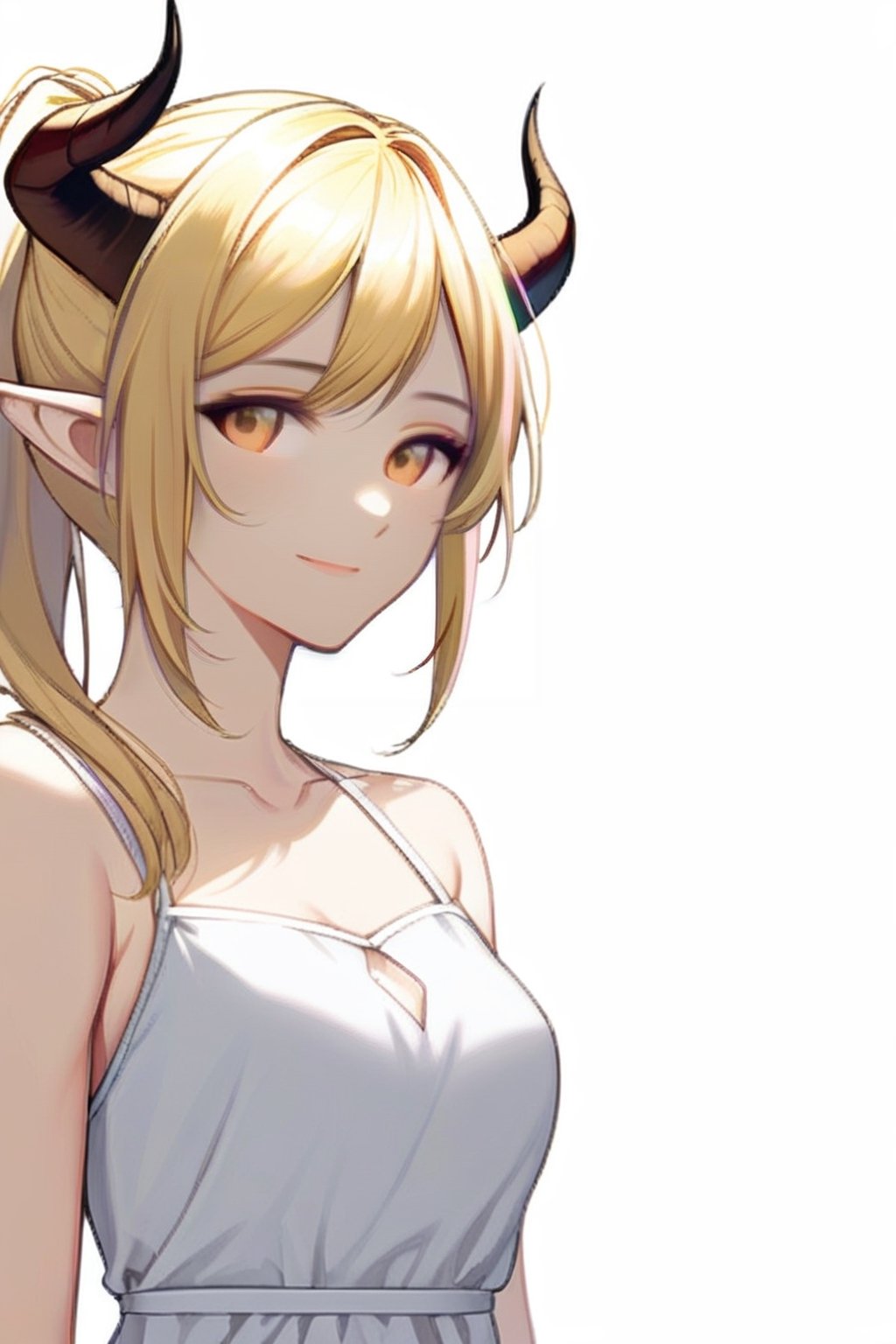 Adult, Girl, Blonde, Horns, peaceful smile, white dress, yellow eyes, elf, ponytail 