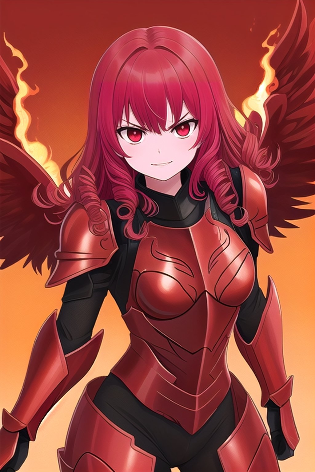 One female, Red hair, fiery background, serious face, proud smile, red armor, red eyes, young adult, red angel wings, long curly hair, 