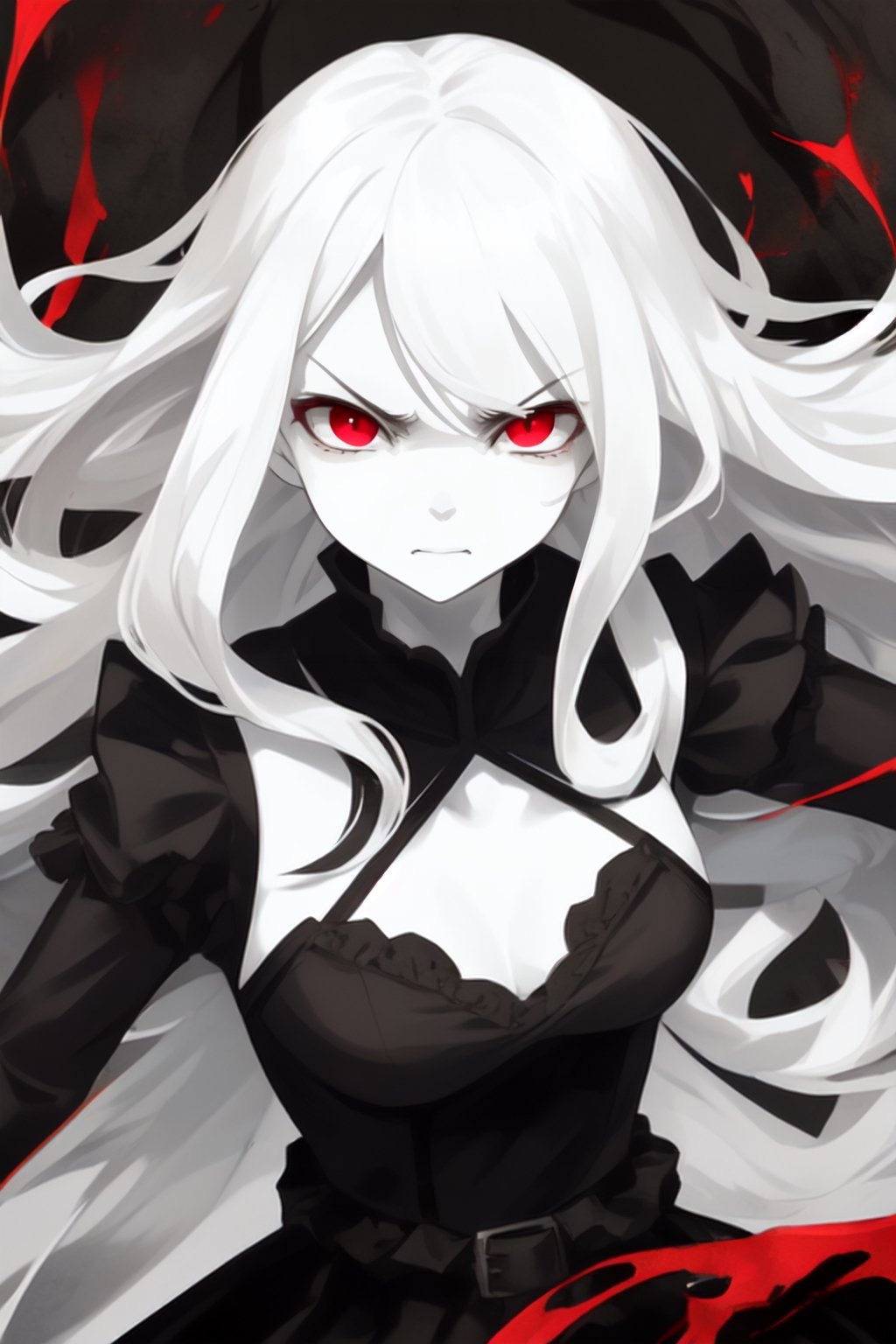 One Female, Young, white hair, white skin, red eyes, angry hateful expression, black dress, long hair,