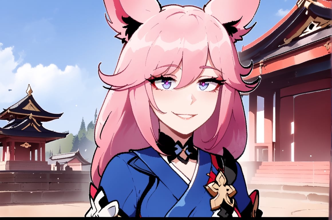 Yae Sakura Honkai Impact 3rd, female, solo, Nyantcha style, looking at pov, blue kimono, amused smile, temple, pink hair, fox ears