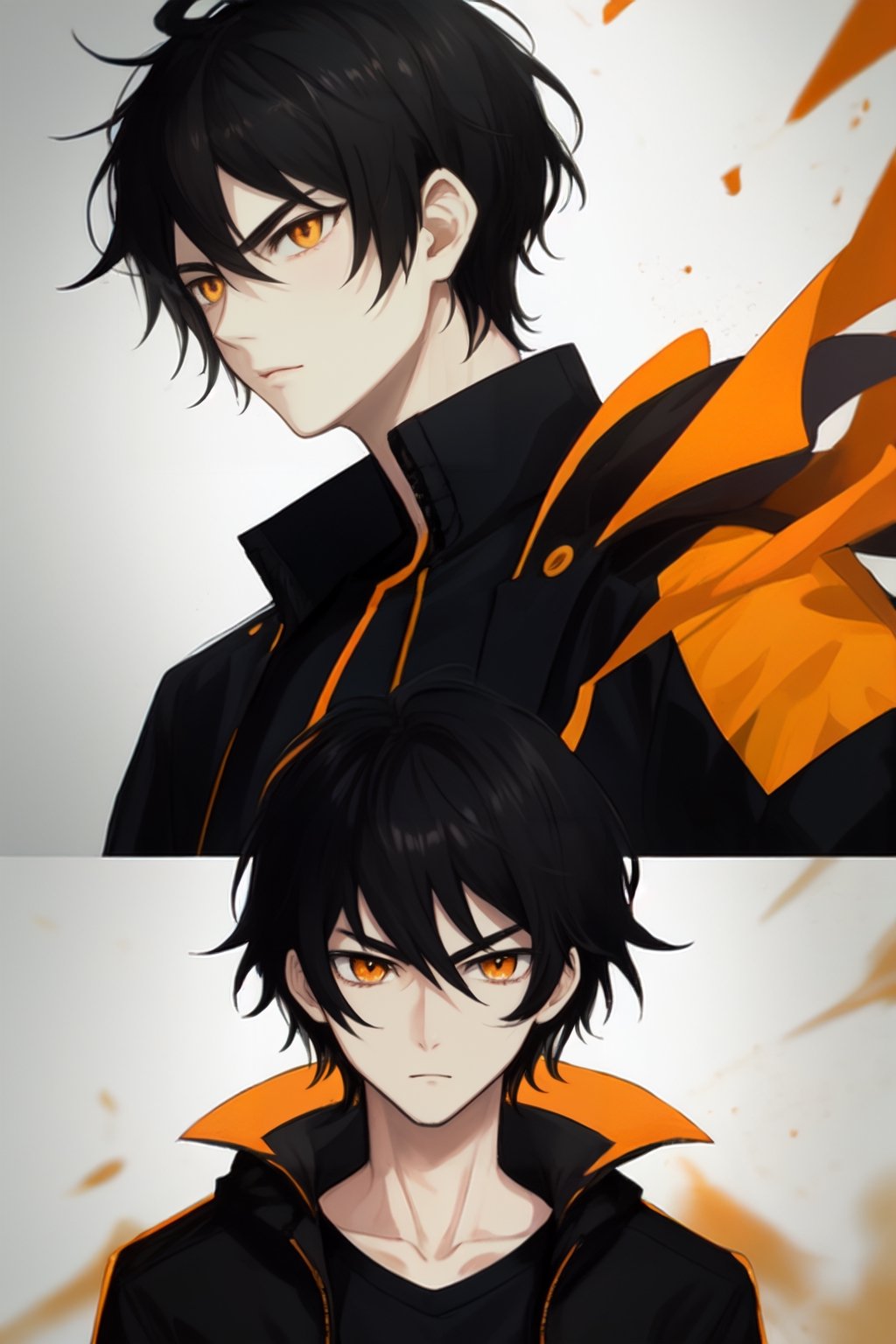 Male, short hair, black hair, Orange eyes, black jacket, Yellow strands on hair, serious face, young adult