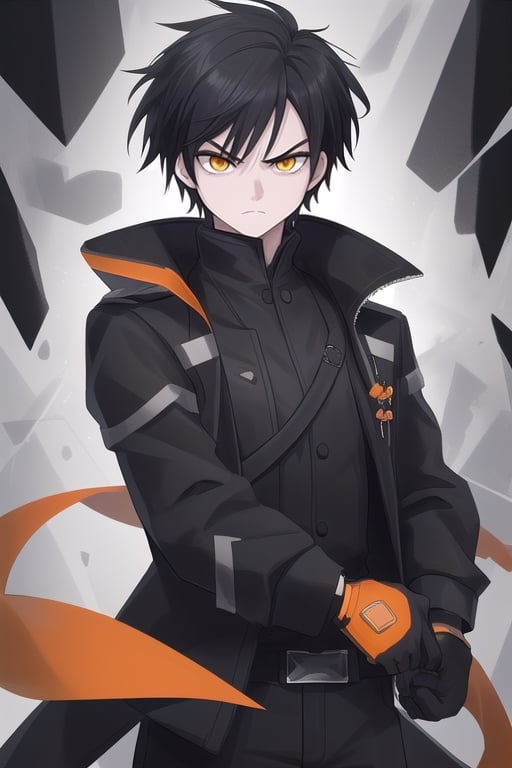 Male, short hair, black hair, white skin, Orange eyes, black jacket, Yellow strands on hair, serious face, young, black gloves