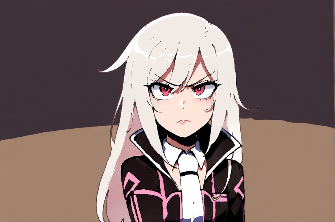 IA Vocaloid, Long hair, white hair, jacket, Red eyes, female, solo, Nyantcha style, serious expression, full body, looking at pov