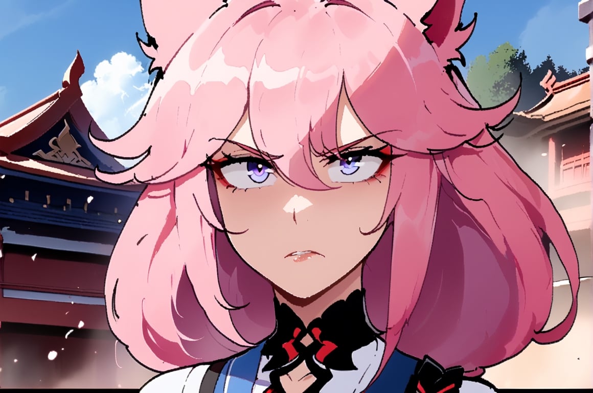 Yae Sakura Honkai Impact 3rd, female, solo, Nyantcha style, looking at pov, blue kimono, battle ready, serious face, temple, pink hair, fox ears