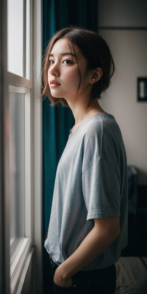 a young woman,looking at the camera,posing,ulzzang,naver fanpop,ffffound,streaming on twitch,character album cover,blues moment,style of Alessio Albi,daily wear,moody lighting,appropriate comparison of cold and warm,reality,