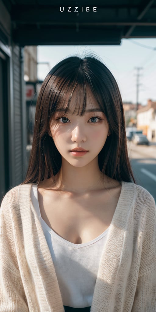 a young woman,looking at the camera,posing,ulzzang,naver fanpop,ffffound,streaming on twitch,character album cover,blues moment,style of Alessio Albi,daily wear,moody lighting,appropriate comparison of cold and warm,reality,