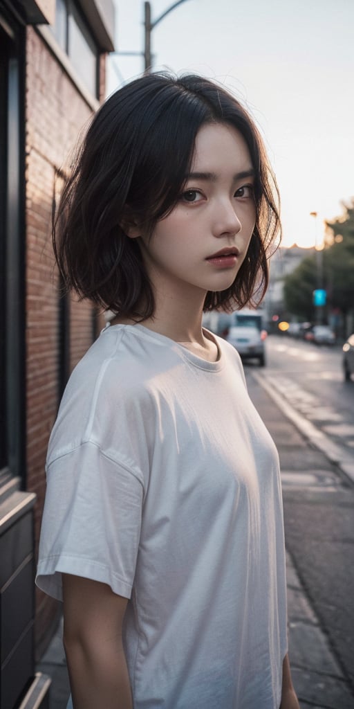 a young woman,looking at the camera,posing,ulzzang,naver fanpop,ffffound,streaming on twitch,character album cover,blues moment,style of Alessio Albi,daily wear,moody lighting,appropriate comparison of cold and warm,reality,