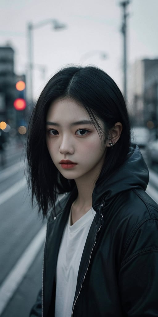 a young woman,looking at the camera,posing,ulzzang,naver fanpop,ffffound,streaming on twitch,character album cover,blues moment,style of Alessio Albi,daily wear,moody lighting,appropriate comparison of cold and warm,reality,