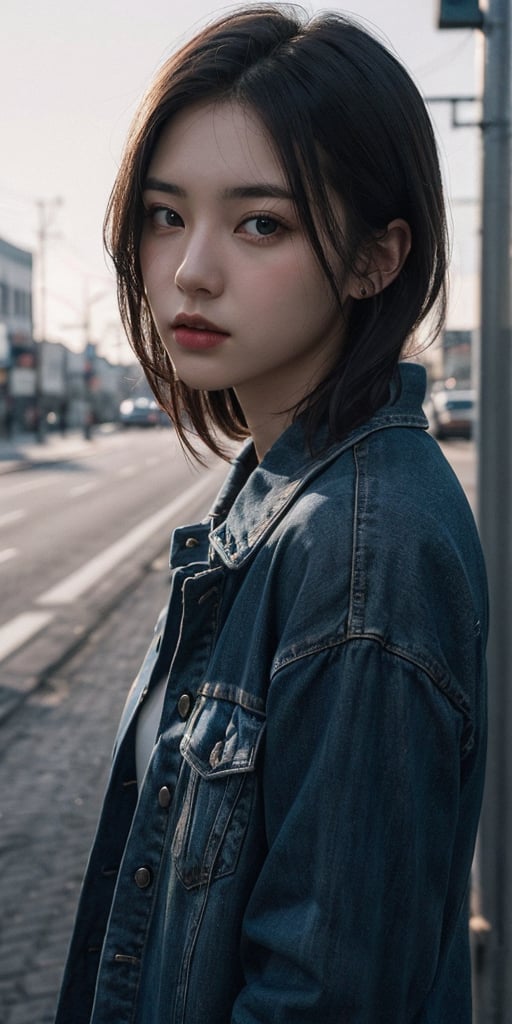 a young woman,looking at the camera,posing,ulzzang,naver fanpop,ffffound,streaming on twitch,character album cover,blues moment,style of Alessio Albi,daily wear,moody lighting,appropriate comparison of cold and warm,reality,