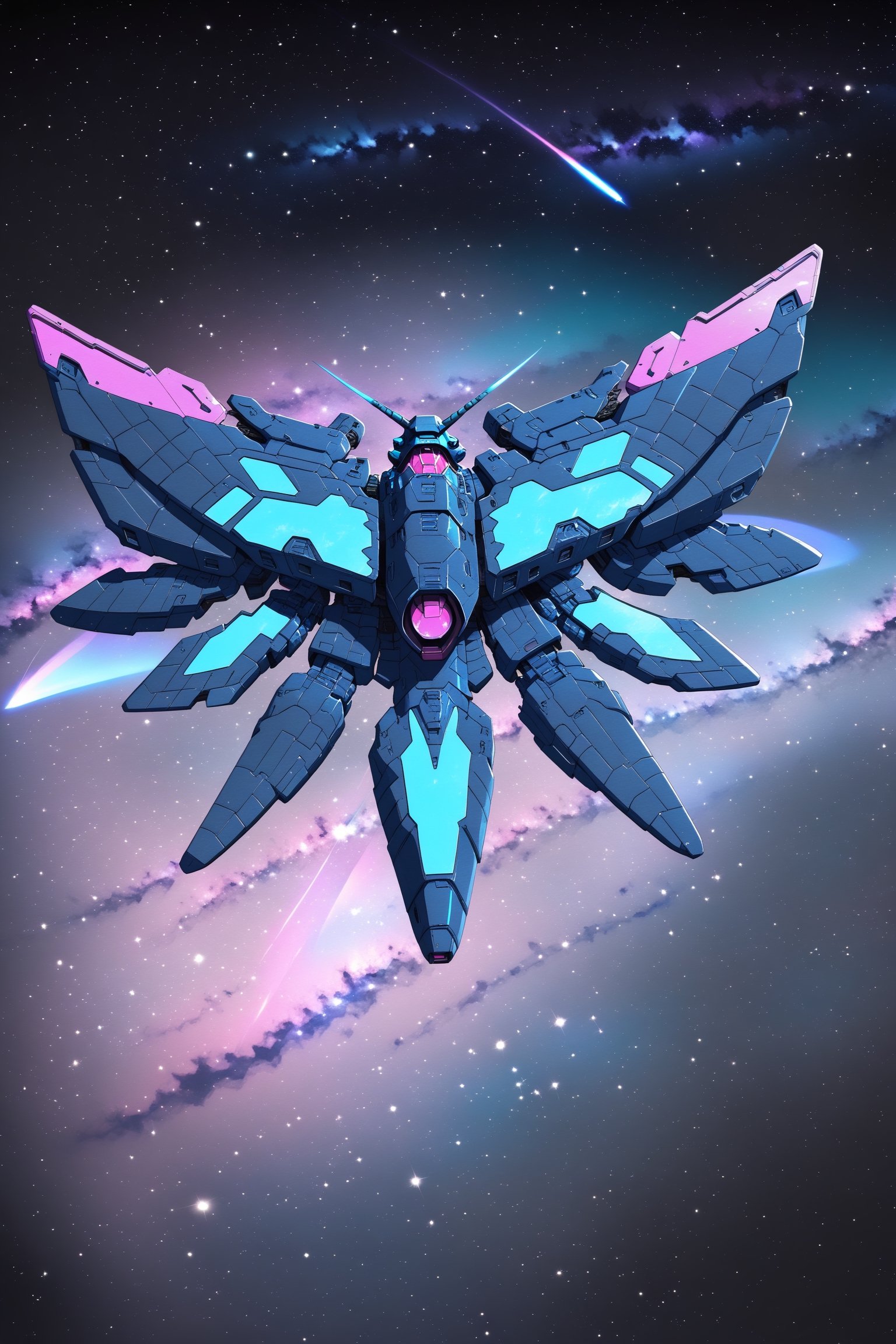 Gundam.Vidar, moth, gray purple cyan magenta, black starry sky background 