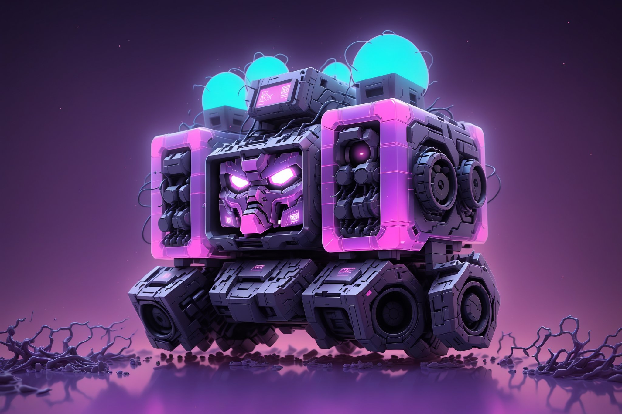 chibi Gundam RX-78 GP02A, boom box, vaporwave aesthetic,purple cyan magenta,digital artwork by Beksinski,humanimal,chrometech,DonMCyb3rN3cr0XL,TechStreetwear,mecha,robot,