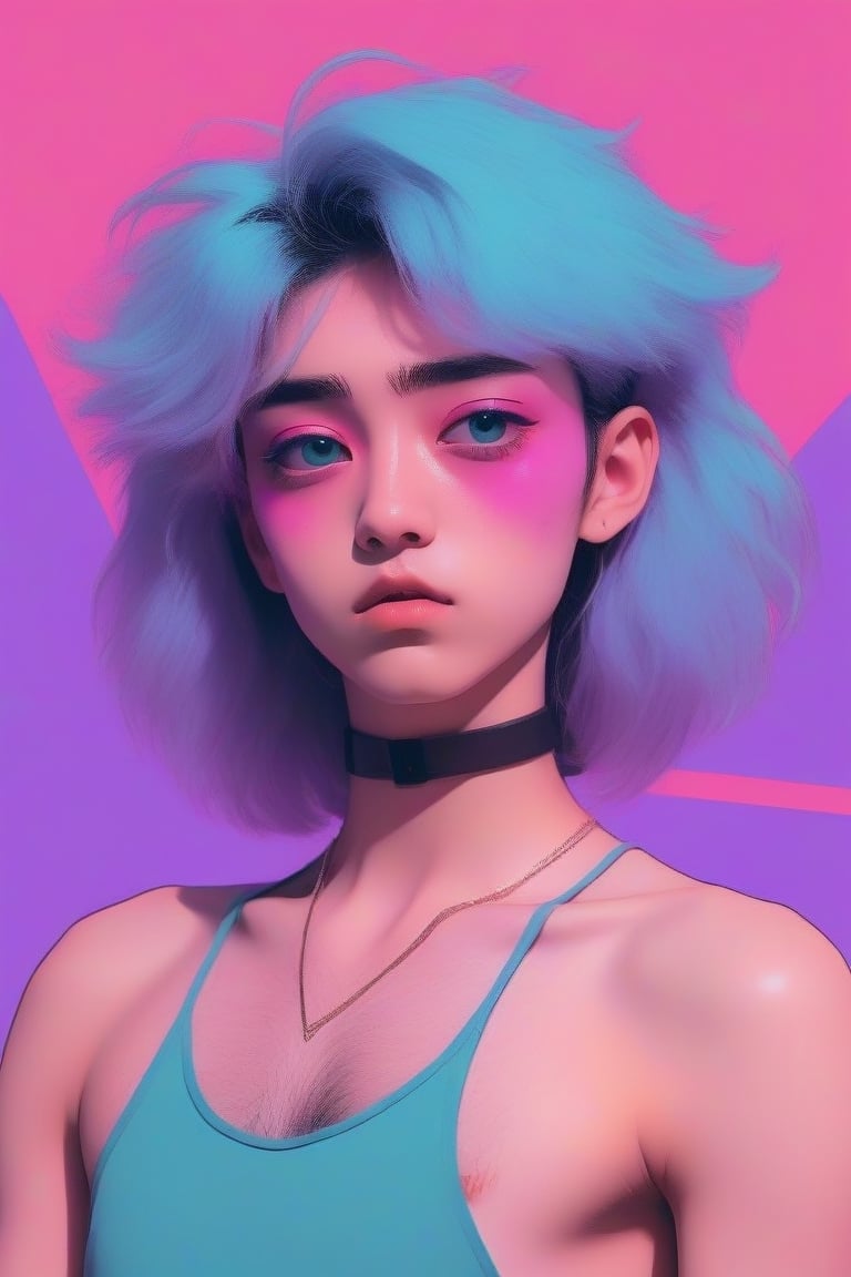 Genderless, hairy, flat_chest,eyes shoot, vaporwave color palette