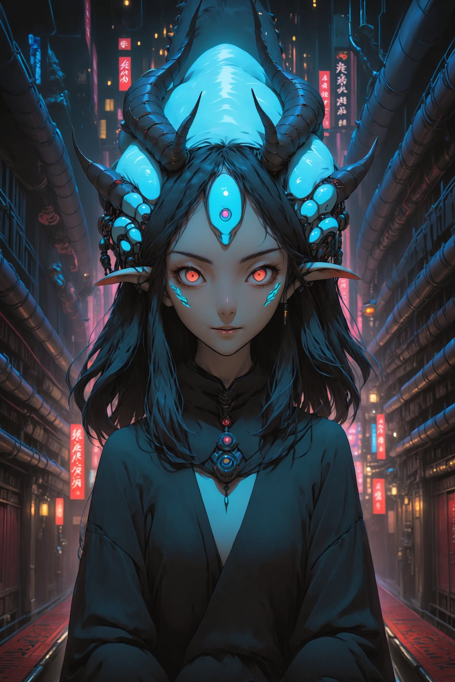 Pretending you're pretending,cyberpunk,4K UHD,studio ghibli style,oni,nocturne, symmetrical composition,facing viewer