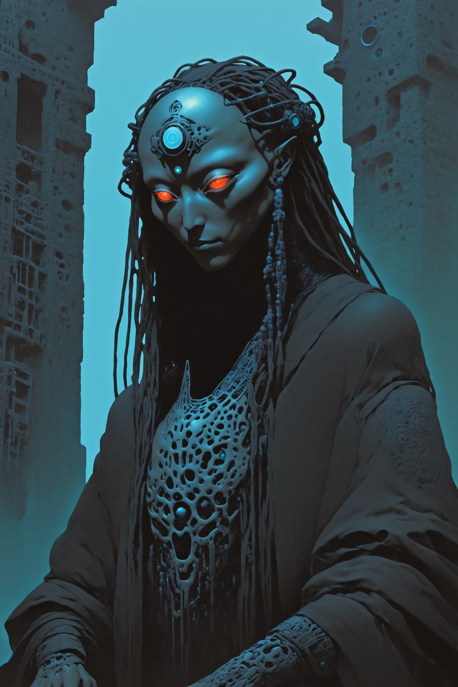 shadowrun_character, netrunner, high-tech lowlife, more detail XL, detailed character closeup, digital artwork by Beksinski,comic book,nocturne