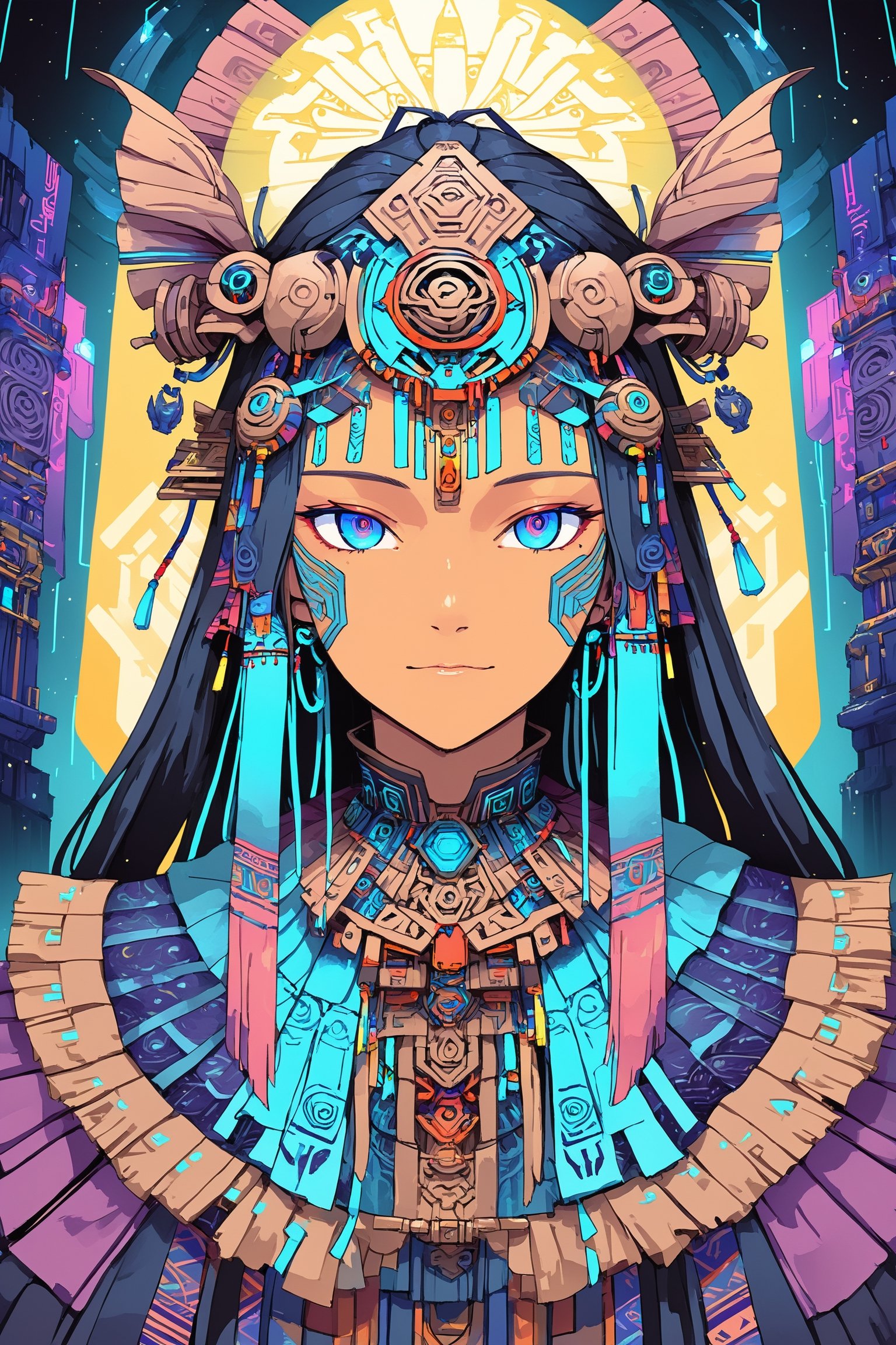 Churnstyle,cyberpunk,tarot card,4K UHD,studio ghibli style,neo-aztec,high-tech lowlife, ,nocturne,breakdomain,portraitart,portrait art style