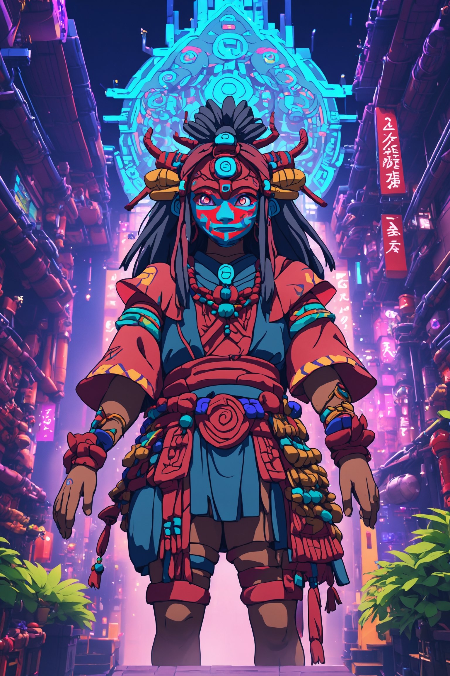 Pretending you're pretending,cyberpunk,4K UHD,studio ghibli style,oni,neo-aztec,